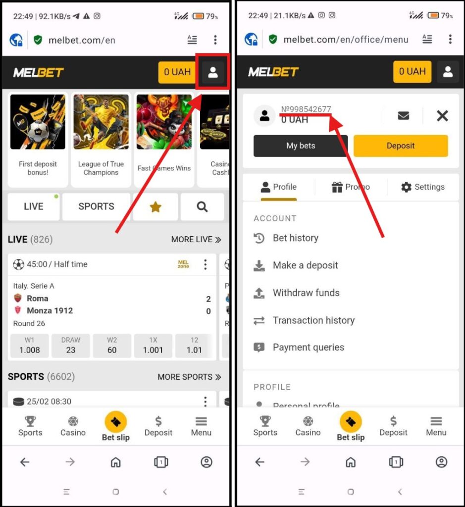 MelBet account ID on website mobile version