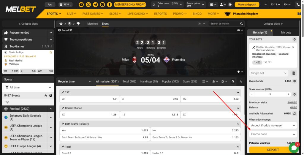 How to bet using a bonus code on desktop
