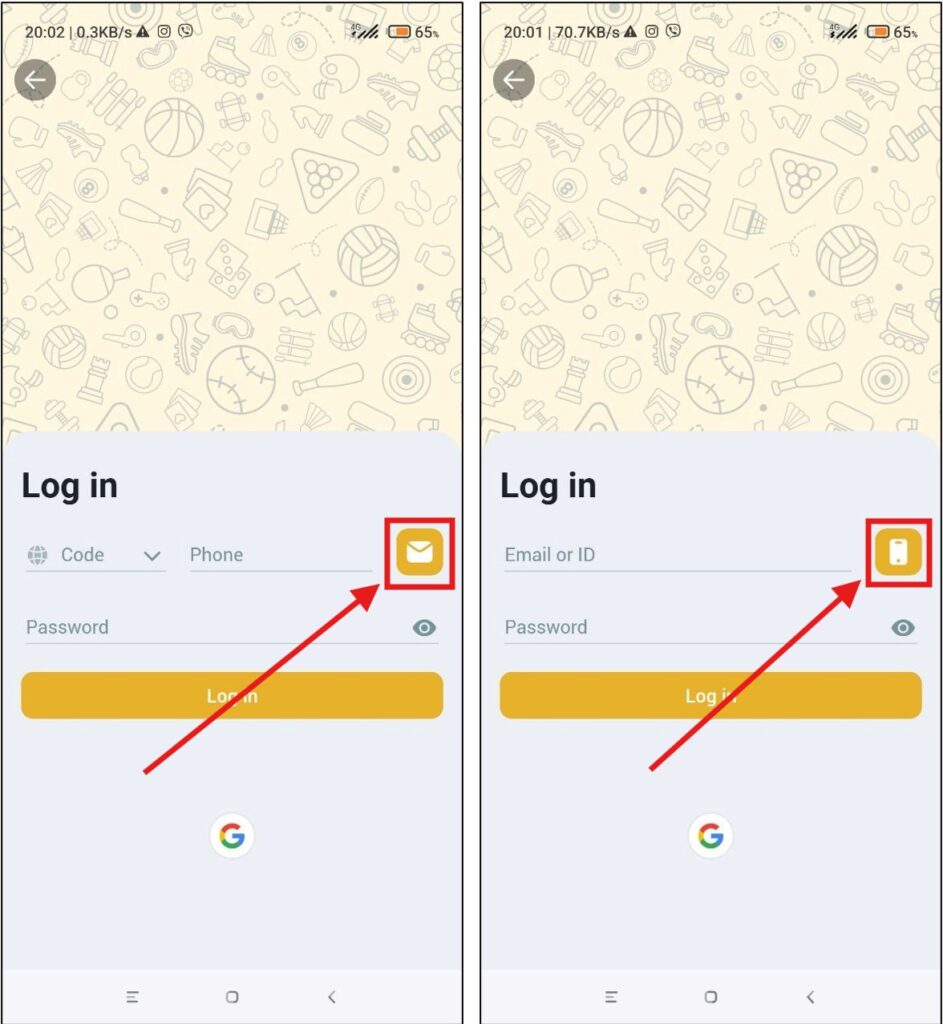 MelBet login page on the app